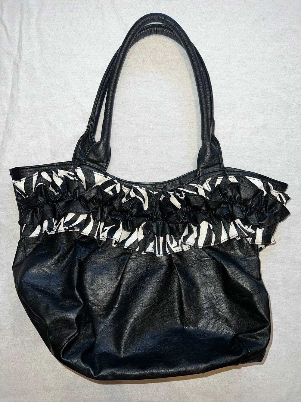 Y2K Black Faux Leather Zebra Print Ruffle Purse Shoulder Bag Animal Print